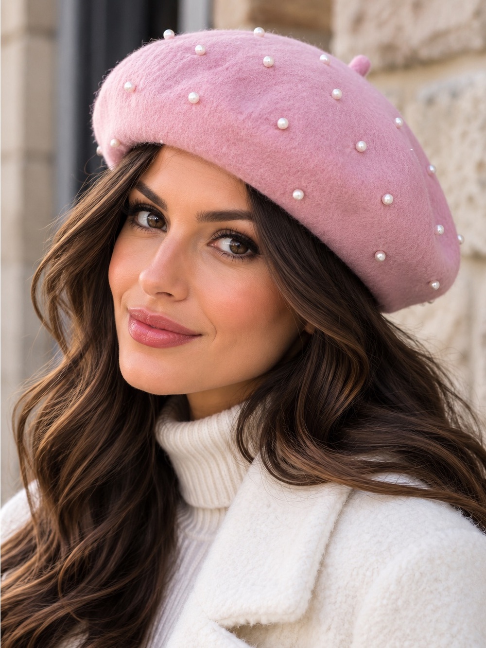Soft pink wool pearl embellished beret